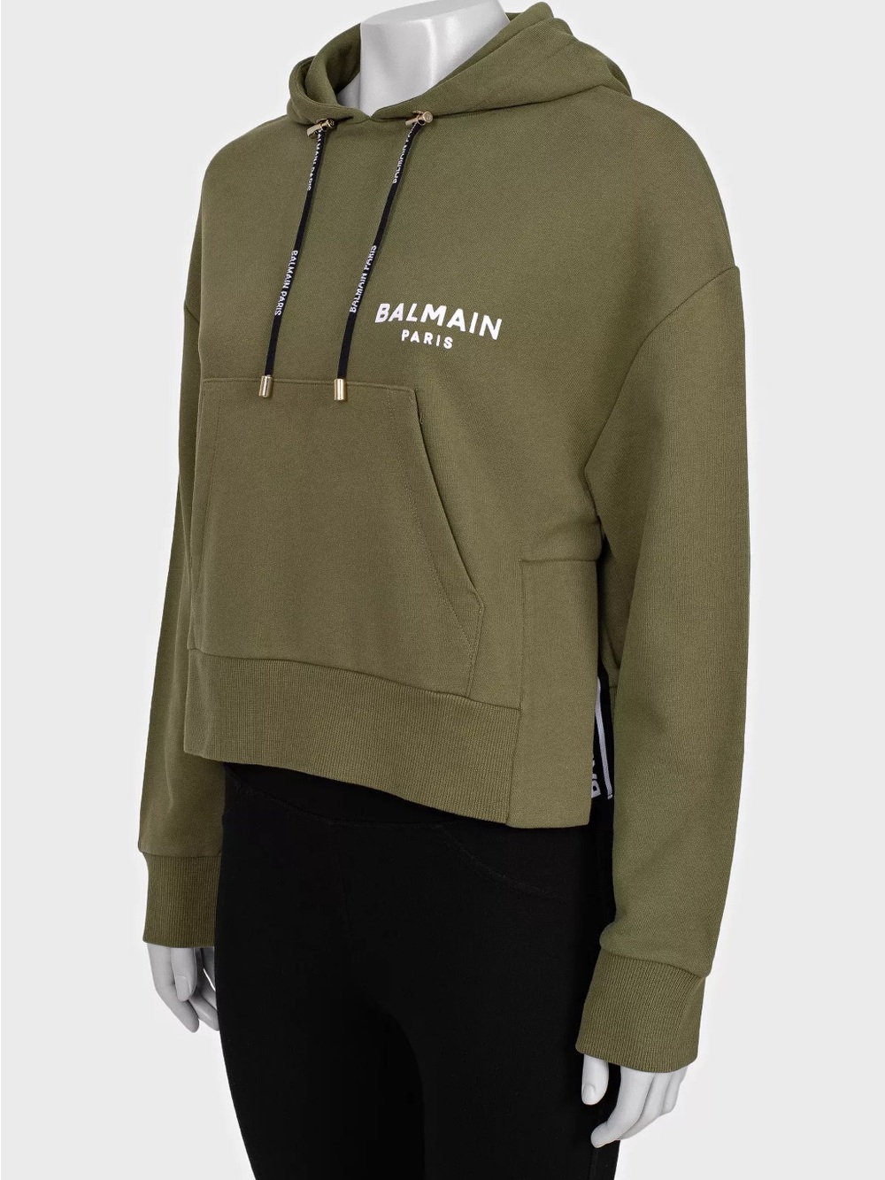 BALMAIN Olive Green Logo Cropped Hoodie Sweatshirt w Front Pocket & Side Slits